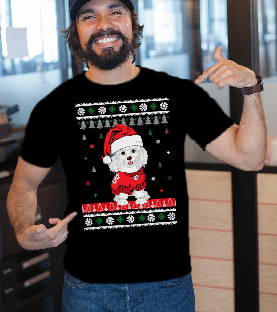 Cute Dog Standard Poodle Santa Hat Christmas Sweater Trees Snowflakes T-Shirt