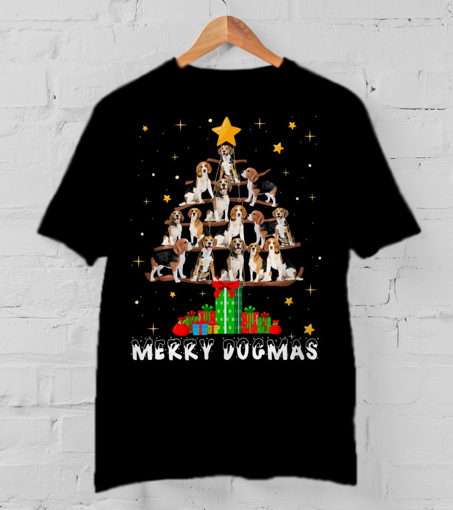 Merry Dogmas Beagle Puppies Christmas Tree With Gifts And Star T-Shirt