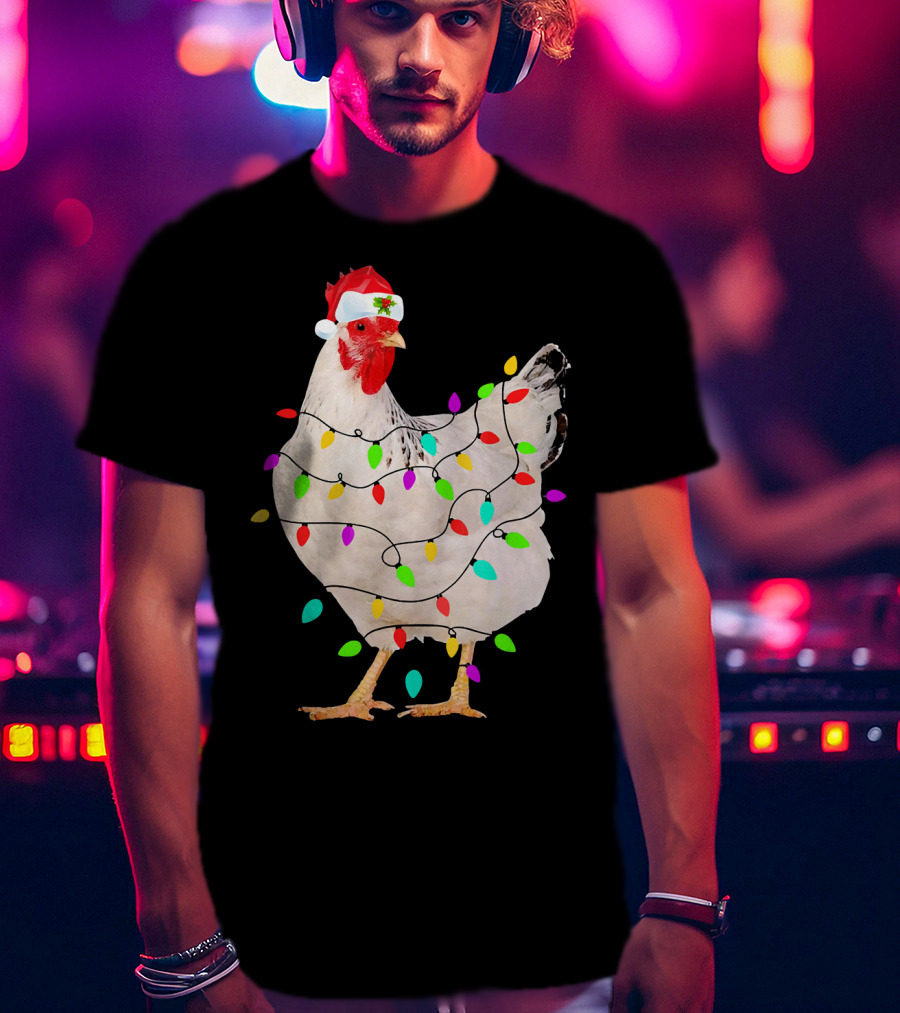 Chicken Christmas Light Funny Chicken Santa Hat Festive Holiday Decor T-Shirt