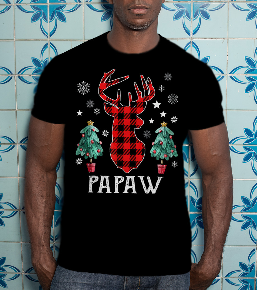 Papaw Plaid Reindeer Christmas Trees And Snowflakes Family Fun T-Shirt