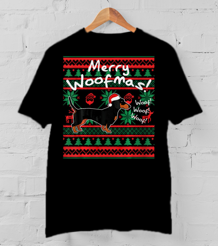 Merry Woofmas Dachshund Dog With Santa Hat Woof Woof Woof Christmas T-Shirt
