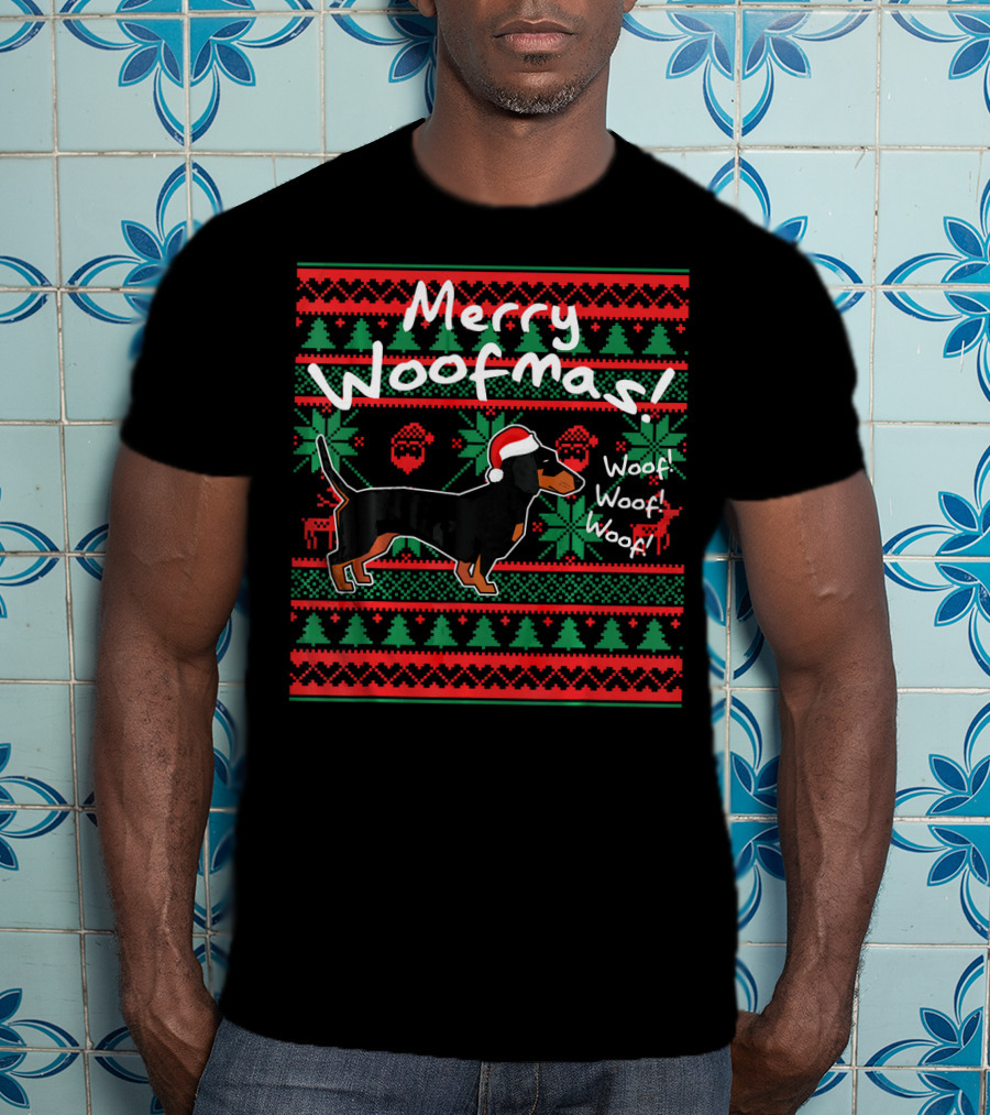 Merry Woofmas Dachshund Dog With Santa Hat Woof Woof Woof Christmas T-Shirt