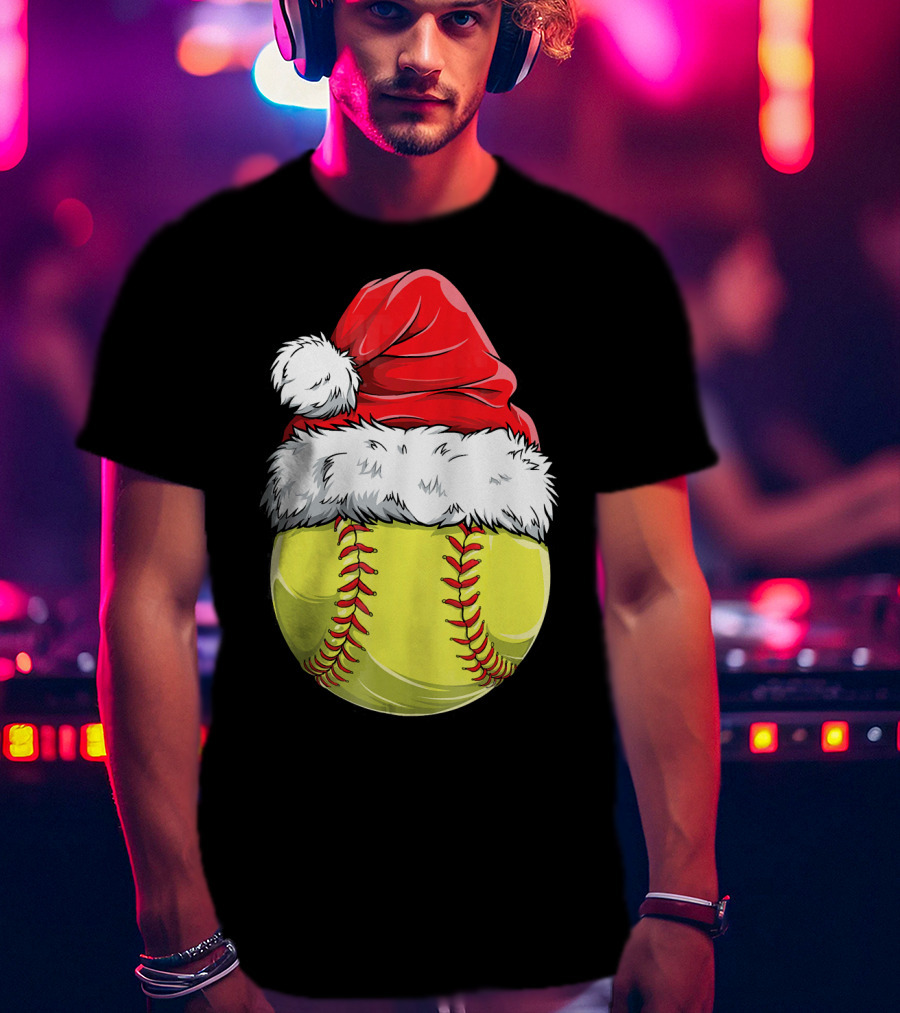 Santa Hat Softball Christmas T-Shirt
