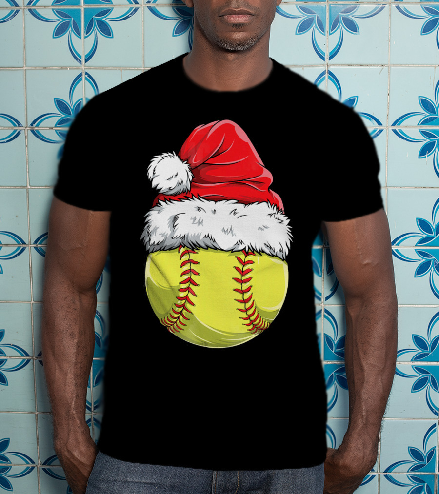 Santa Hat Softball Christmas T-Shirt