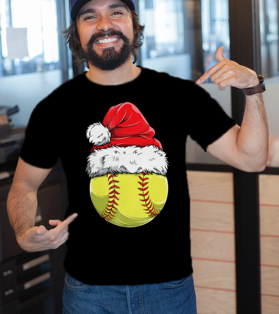 Santa Hat Softball Christmas T-Shirt