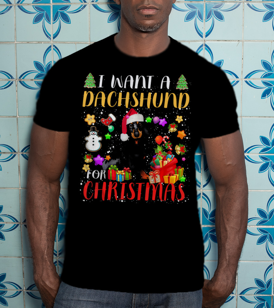 I Want A Dachshund For Christmas Santa Hat Presents Snowman T-Shirt