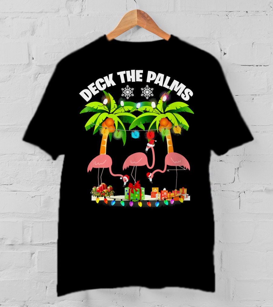 Deck The Palms Flamingo Christmas Lights And Gifts T-Shirt
