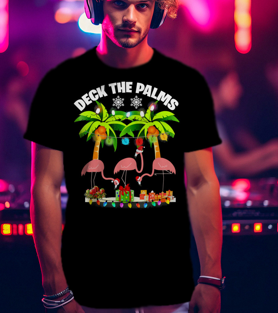 Deck The Palms Flamingo Christmas Lights And Gifts T-Shirt