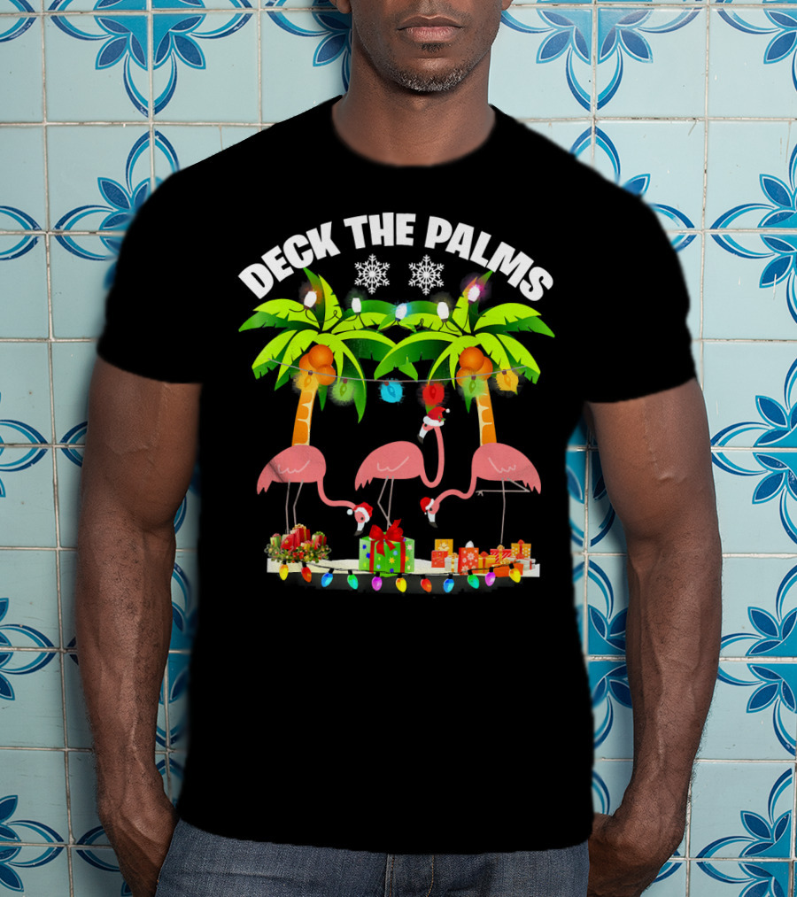 Deck The Palms Flamingo Christmas Lights And Gifts T-Shirt