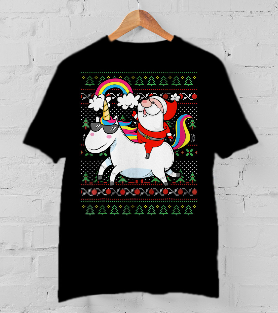Santa Claus Riding A Rainbow Unicorn Christmas T-Shirt
