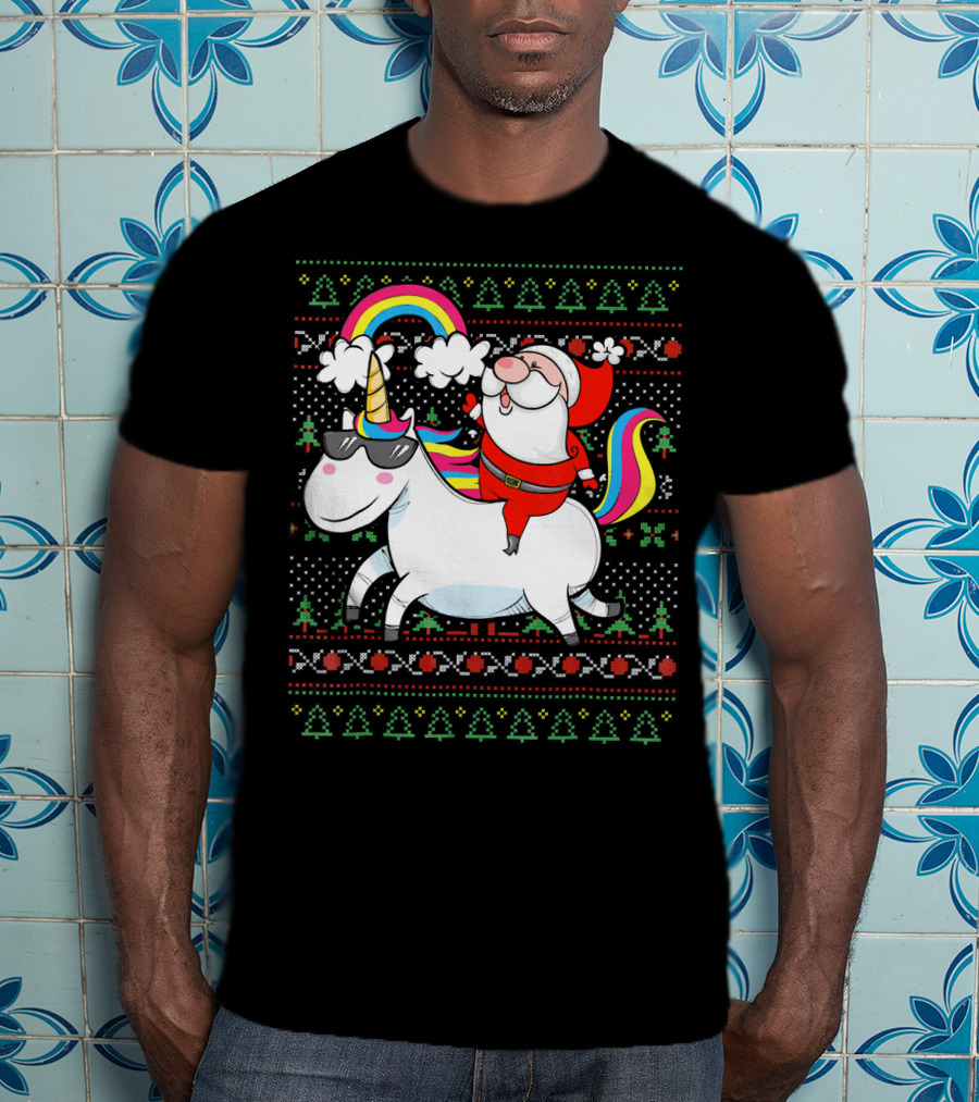 Santa Claus Riding A Rainbow Unicorn Christmas T-Shirt