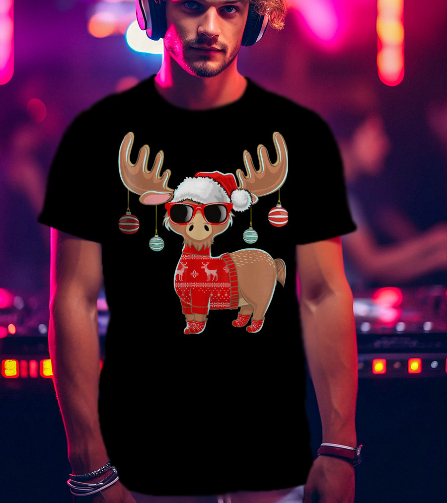 Ugly Christmas Moose Chris With Sweater And Ornaments T-Shirt