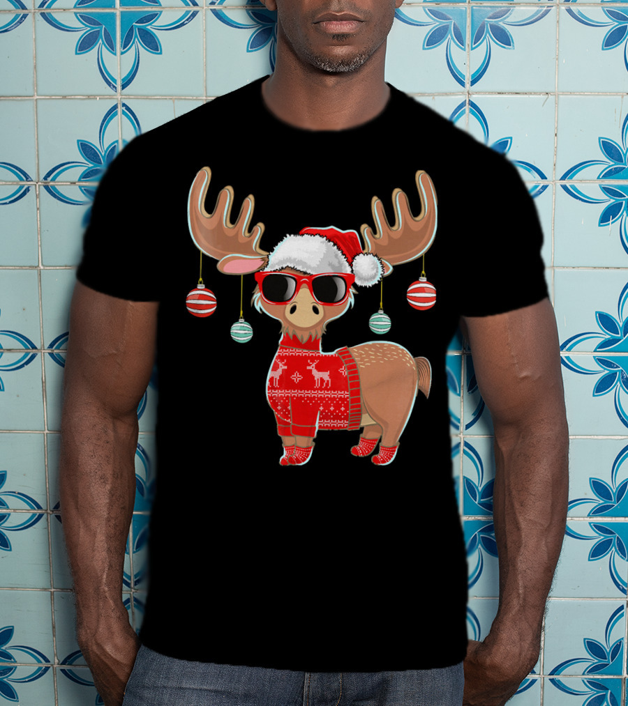 Ugly Christmas Moose Chris With Sweater And Ornaments T-Shirt