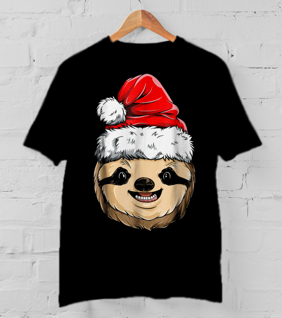 Sloth Santa Christmas Hat Cheerful Face T-Shirt