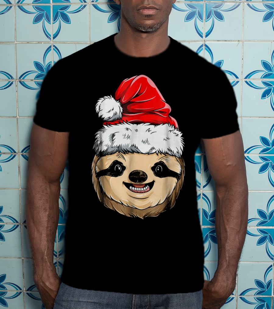 Sloth Santa Christmas Hat Cheerful Face T-Shirt