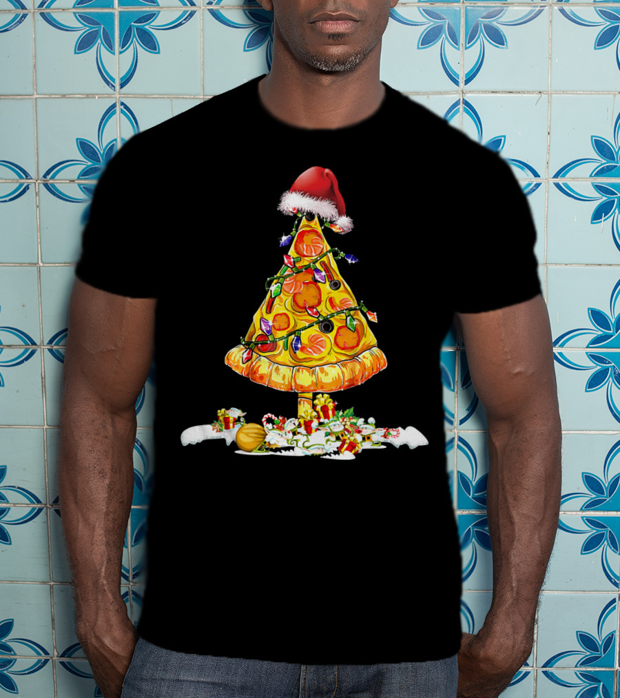 Merry Crustmas Pizza Tree Pizza Lover Holiday Santa Hat T-Shirt