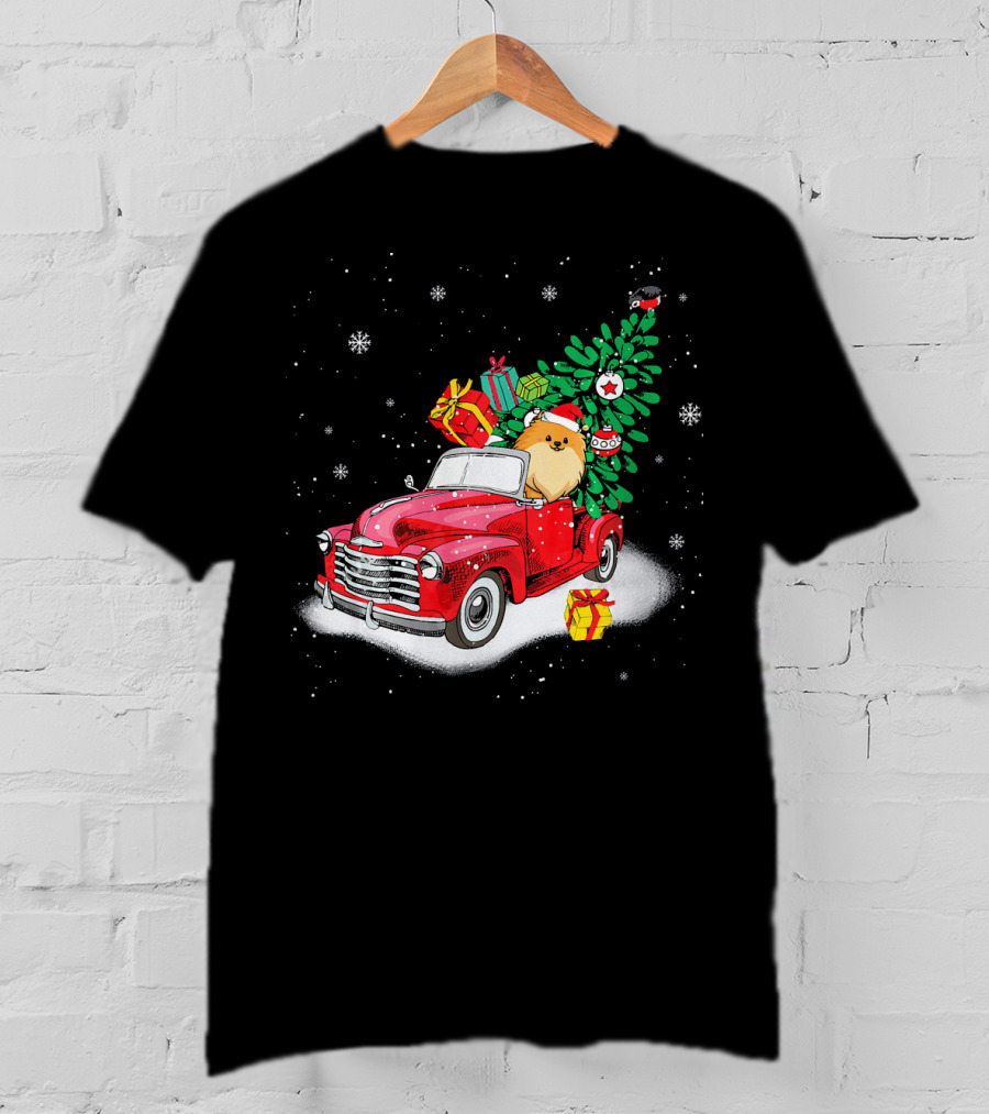 Pomeranian With Christmas Tree And Gifts In Red Truck Snow Scene T-Shirt