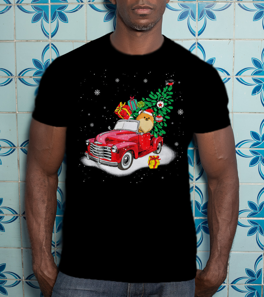 Pomeranian With Christmas Tree And Gifts In Red Truck Snow Scene T-Shirt