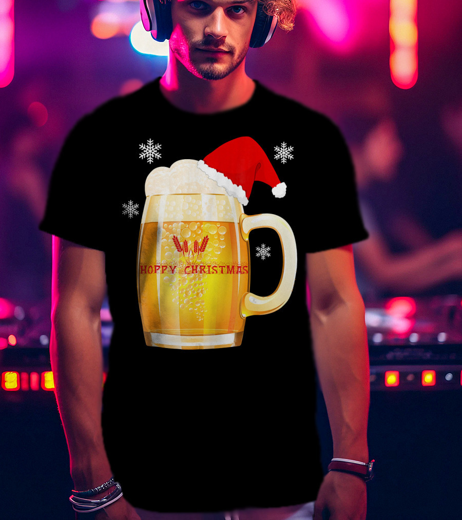Hoppy Christmas Beer Santa Mug With Snowflakes T-Shirt