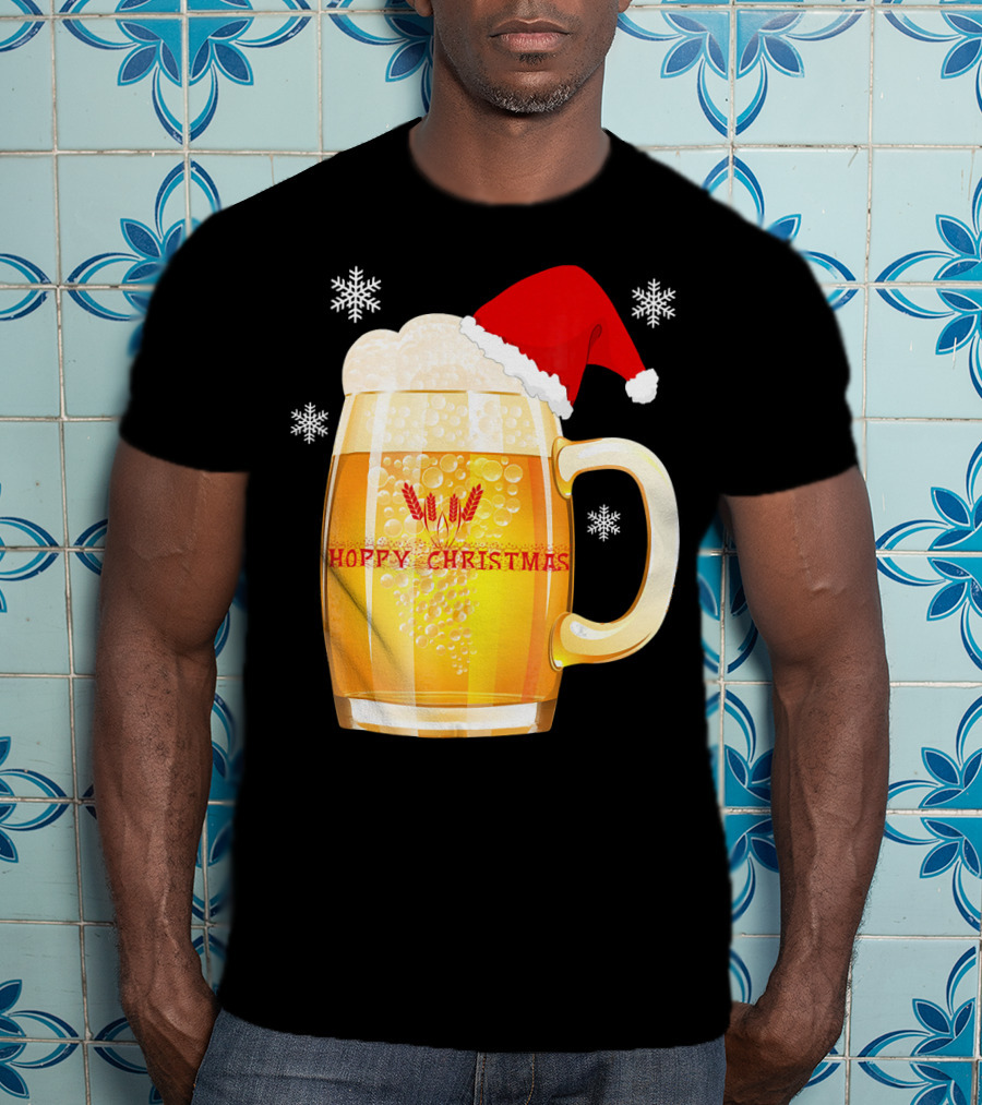 Hoppy Christmas Beer Santa Mug With Snowflakes T-Shirt