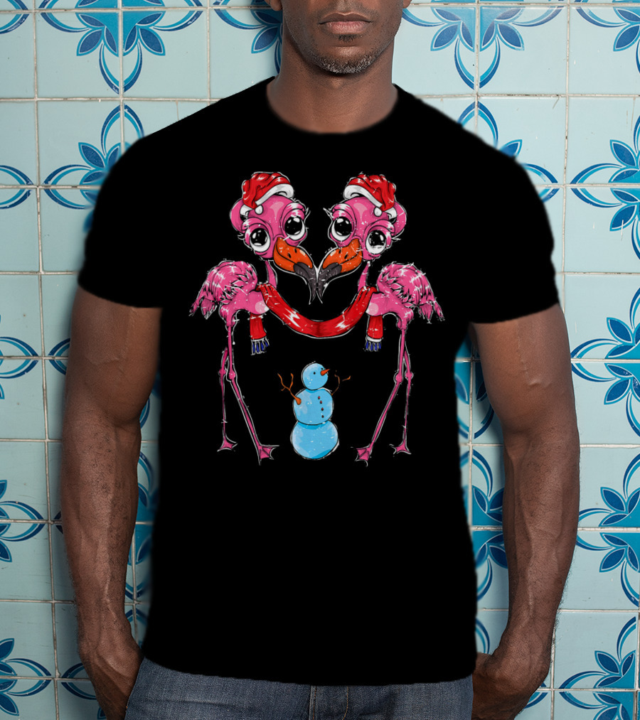 Snowman Xmas Santa Claus Hat Flamingo Chris T-Shirt