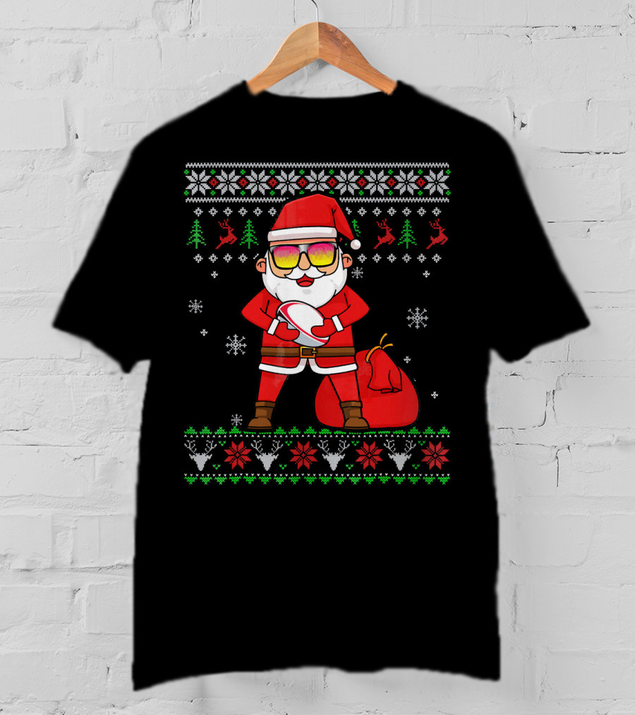 Rugby Ugly Christmas Santa Claus With Sunglasses Snowflakes Reindeer T-Shirt