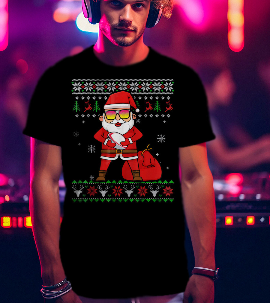 Rugby Ugly Christmas Santa Claus With Sunglasses Snowflakes Reindeer T-Shirt