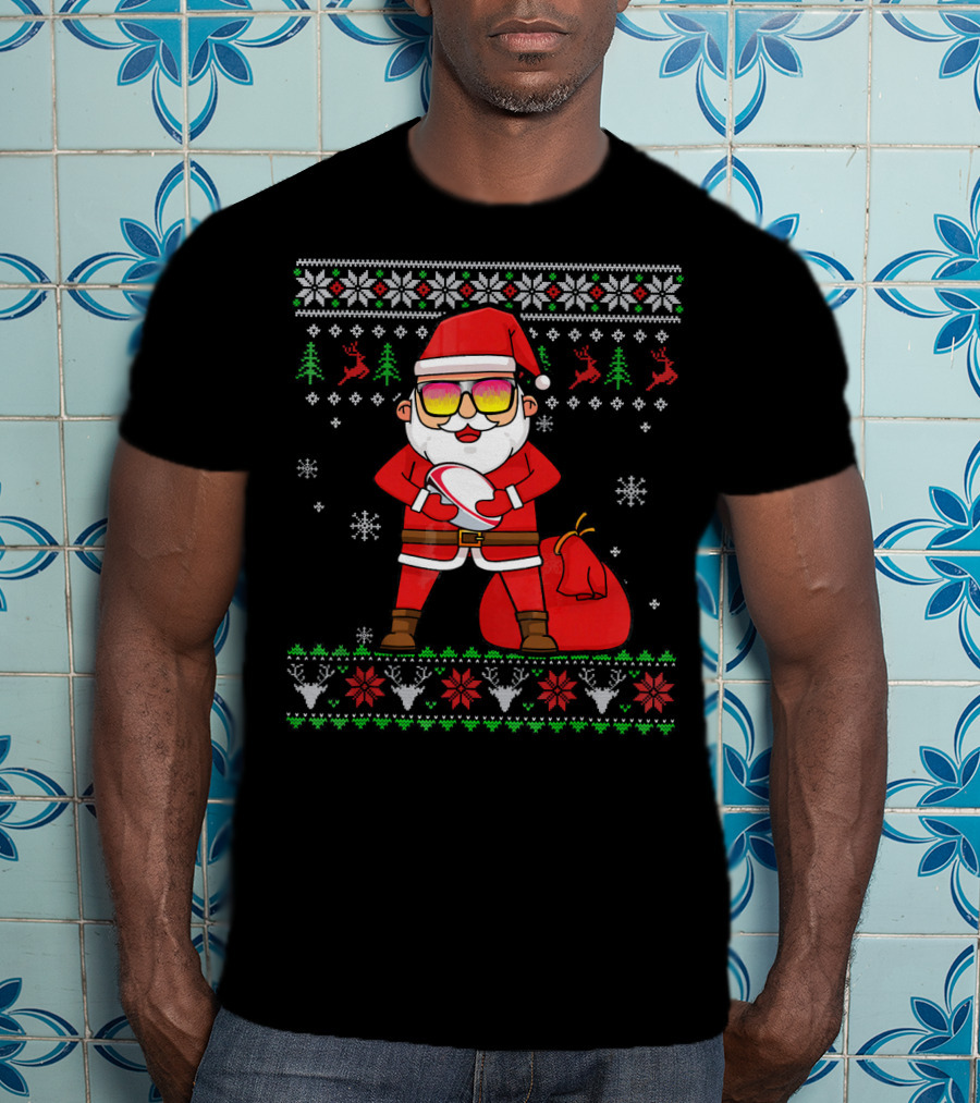 Rugby Ugly Christmas Santa Claus With Sunglasses Snowflakes Reindeer T-Shirt