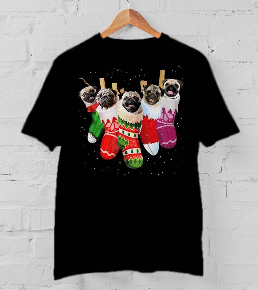Pug Heads In Colorful Christmas Stockings With Snowflakes T-Shirt