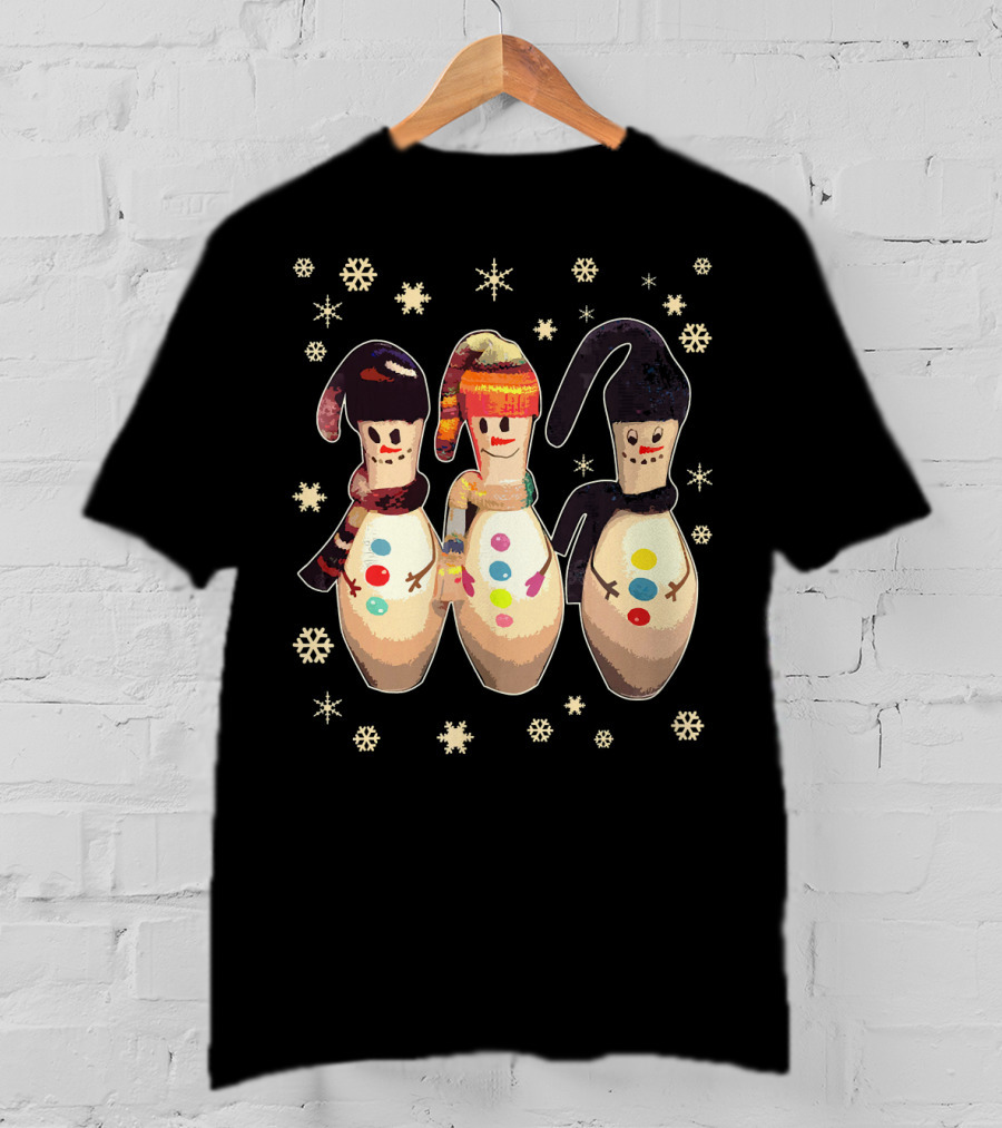 Bowling Pins Winter Snowman Scarves Hats Snowflakes T-Shirt
