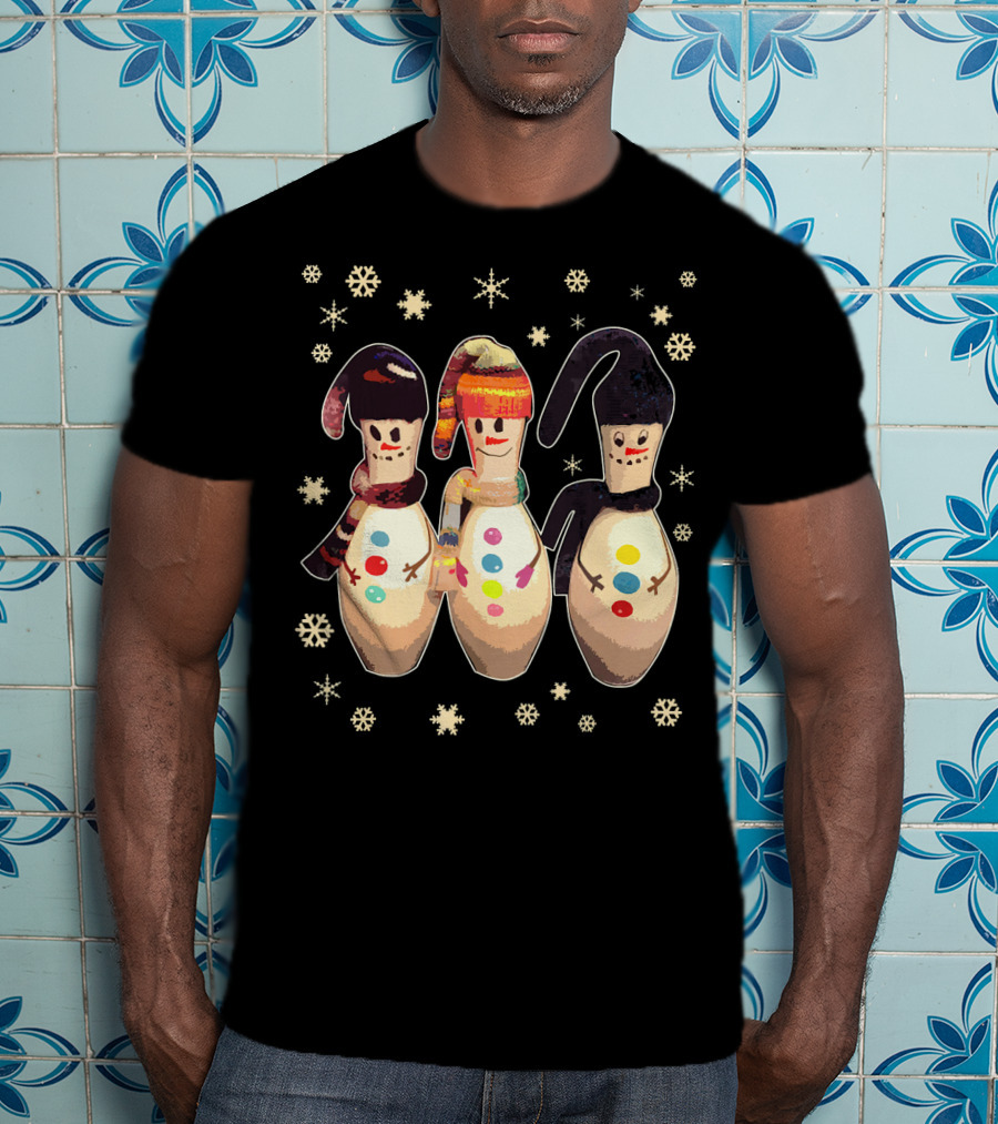Bowling Pins Winter Snowman Scarves Hats Snowflakes T-Shirt