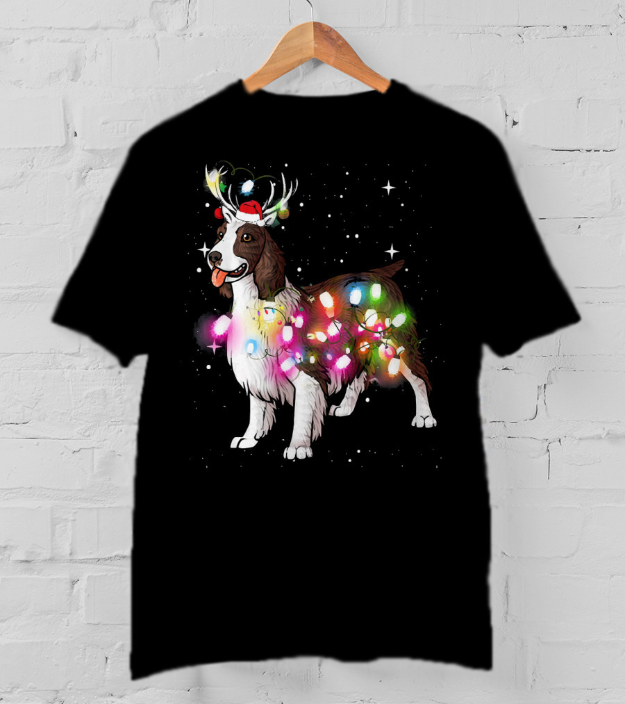 Christmas Lights English Springer Spaniel With Reindeer Antlers And Santa Hat T-Shirt