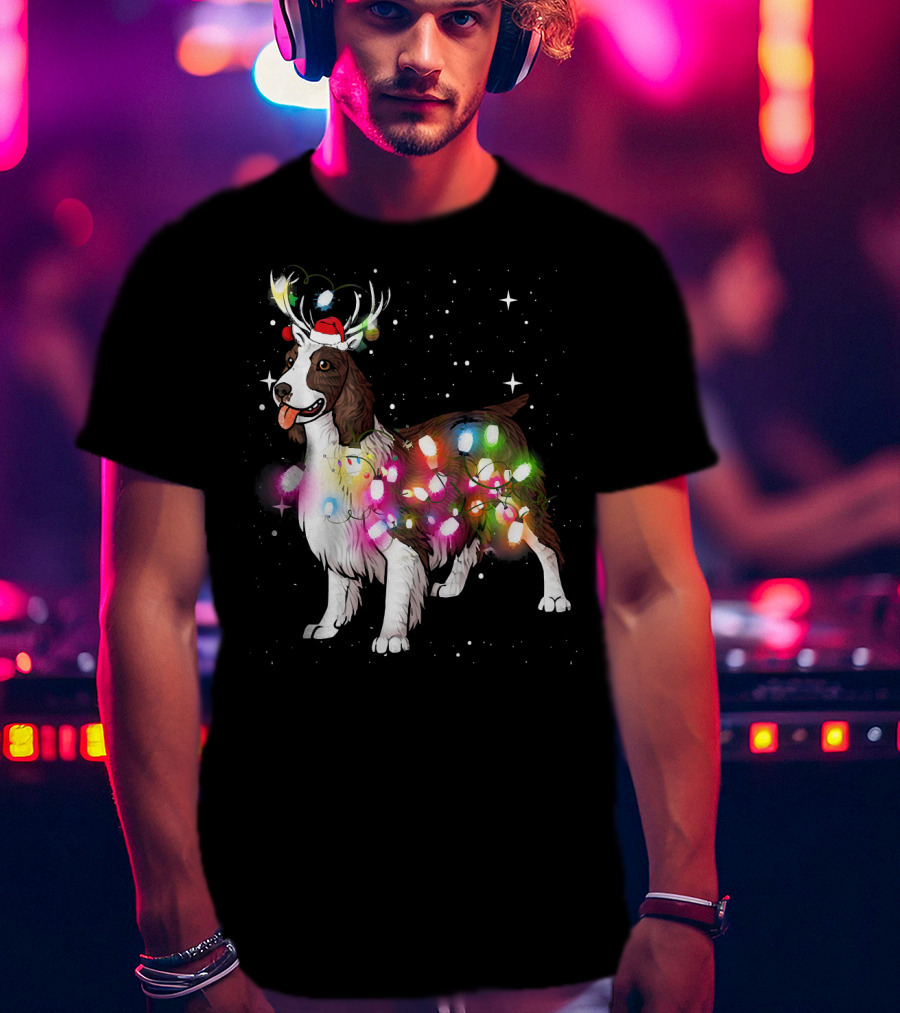 Christmas Lights English Springer Spaniel With Reindeer Antlers And Santa Hat T-Shirt