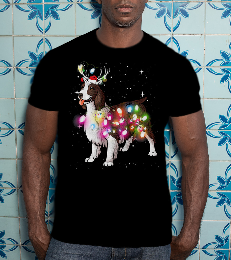 Christmas Lights English Springer Spaniel With Reindeer Antlers And Santa Hat T-Shirt