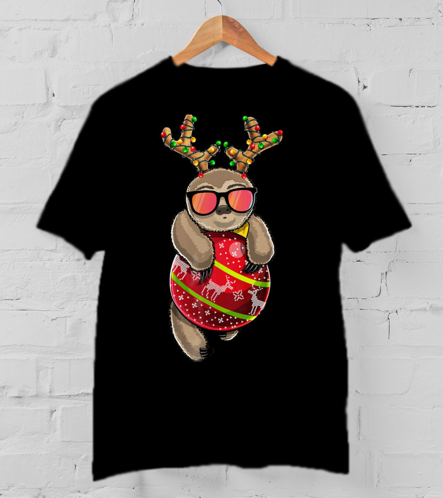 Christmas Sloth Reindeer Ornament Holiday Lights Festive Fashion T-Shirt
