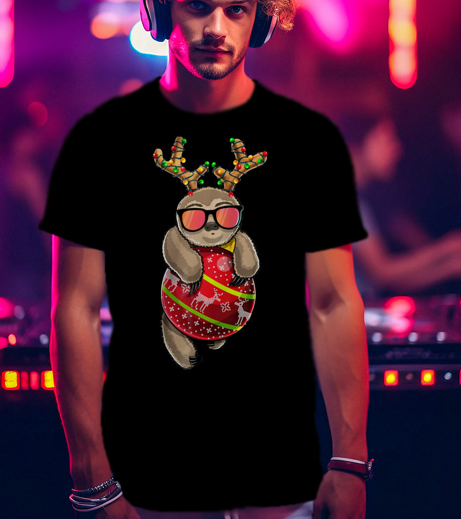 Christmas Sloth Reindeer Ornament Holiday Lights Festive Fashion T-Shirt