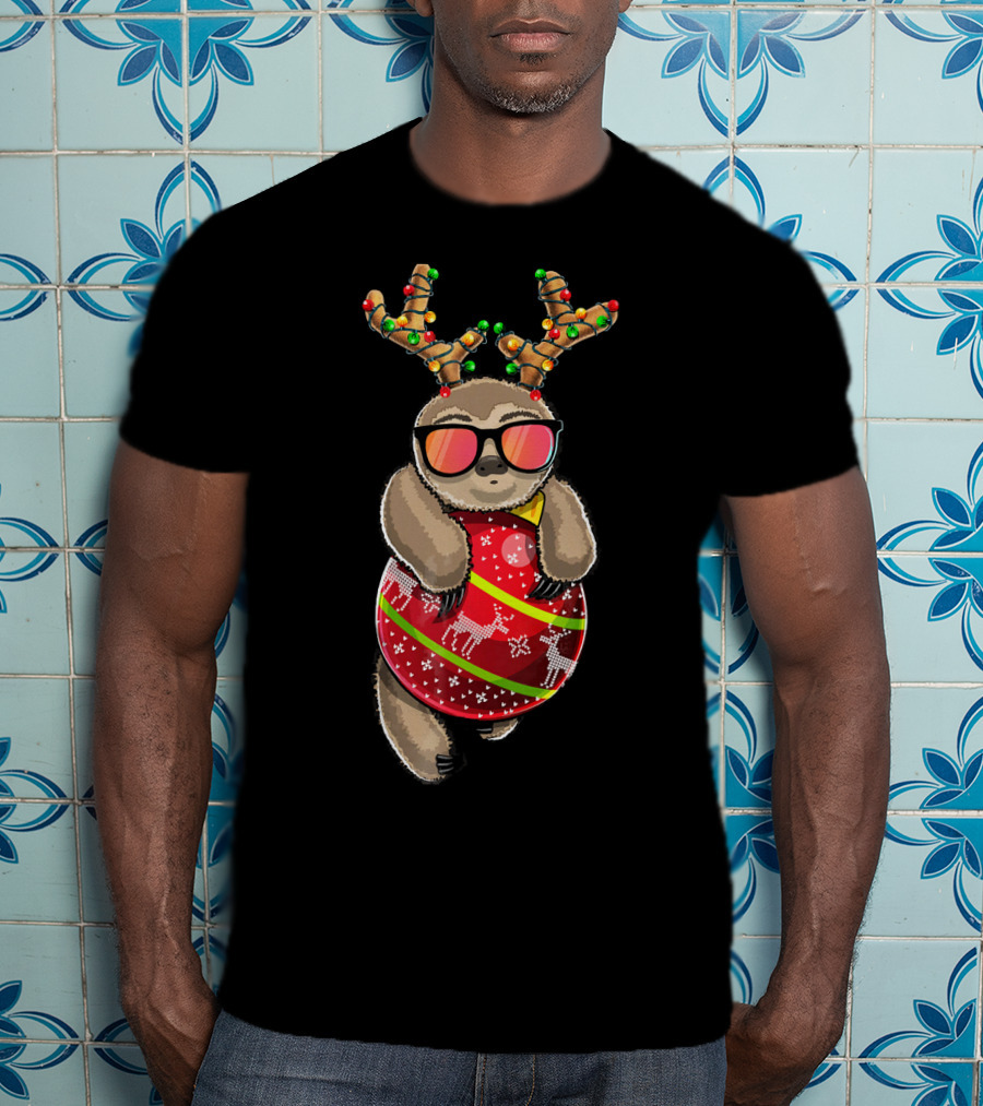 Christmas Sloth Reindeer Ornament Holiday Lights Festive Fashion T-Shirt