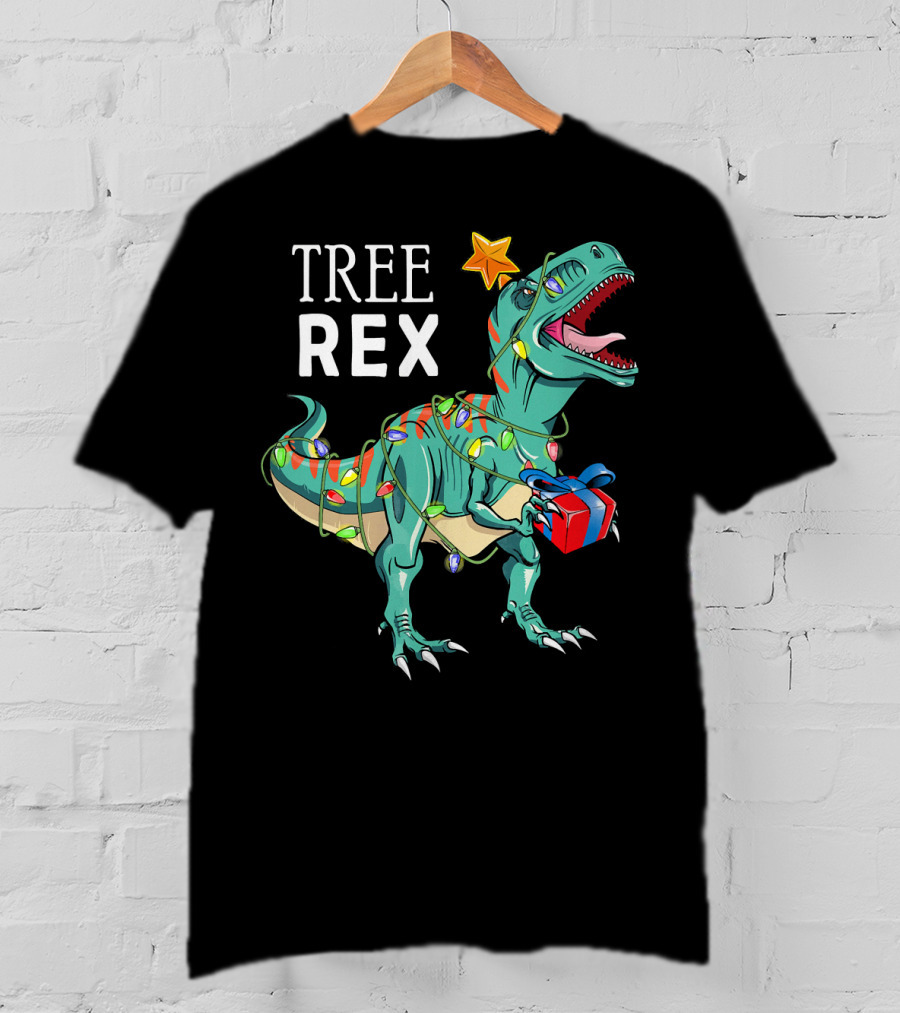 Tree Rex Dinosaur With Christmas Lights And Gift T-Shirt
