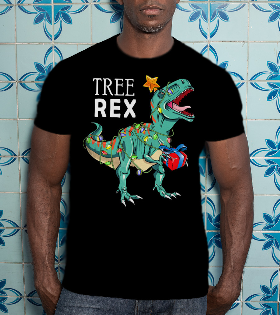 Tree Rex Dinosaur With Christmas Lights And Gift T-Shirt