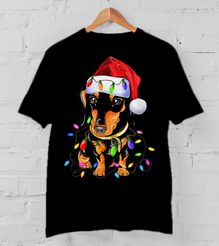 Dachshund Christmas Loves LED Lights Santa Hat T-Shirt