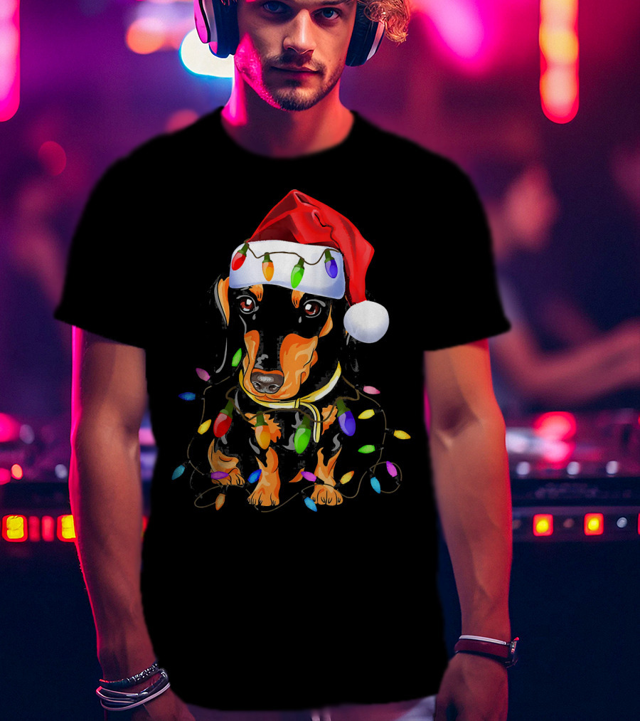 Dachshund Christmas Loves LED Lights Santa Hat T-Shirt