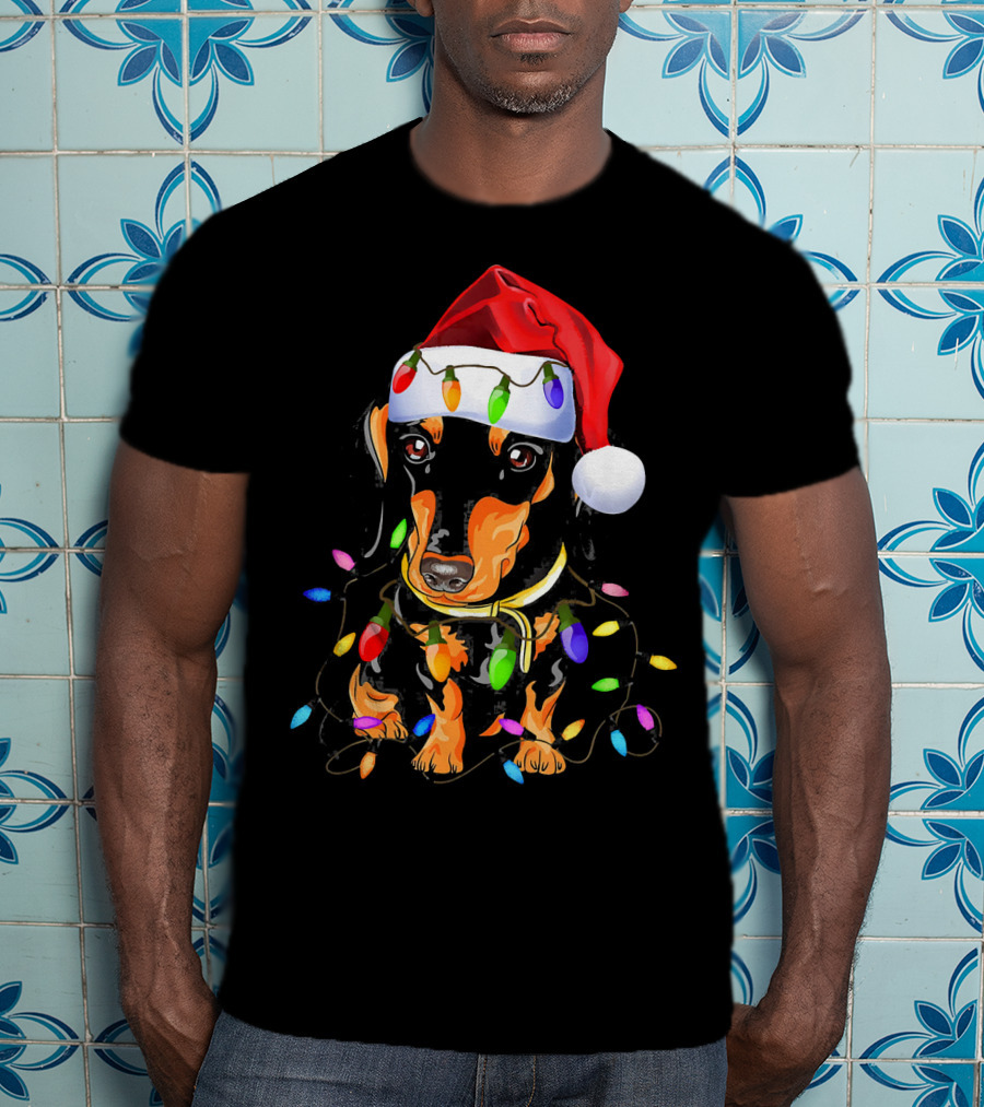 Dachshund Christmas Loves LED Lights Santa Hat T-Shirt