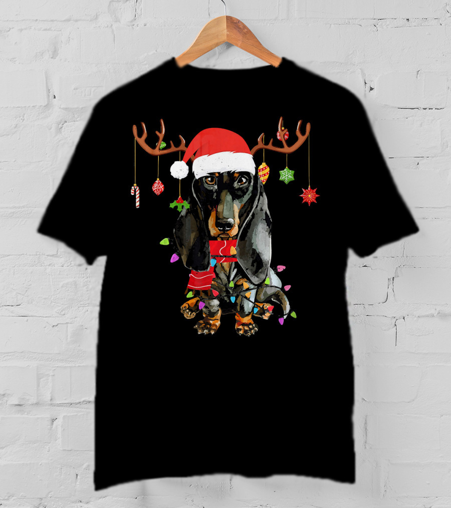 Funny Dachshund Christmas Reindeer Light Festive Holiday Puppy With Santa Hat And Antlers T-Shirt