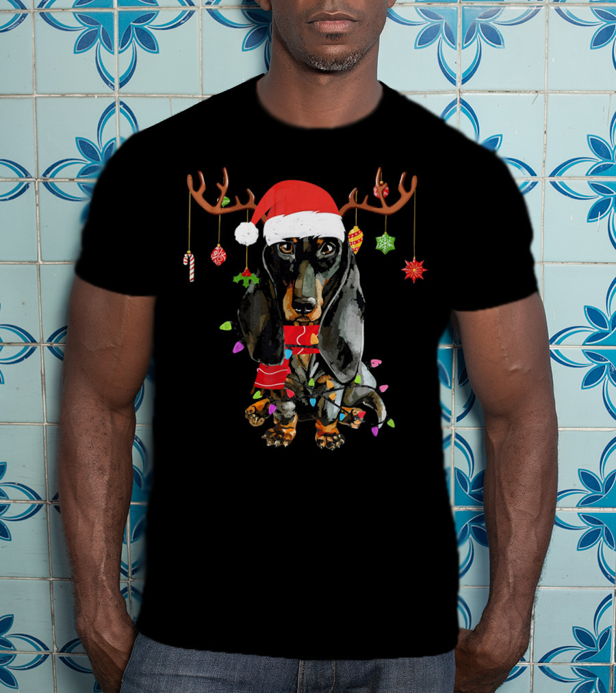 Funny Dachshund Christmas Reindeer Light Festive Holiday Puppy With Santa Hat And Antlers T-Shirt
