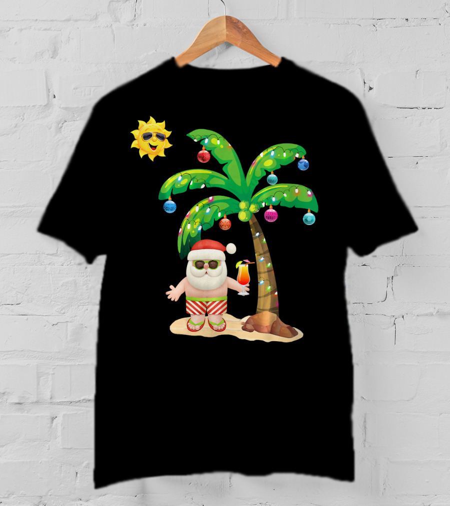 July Christmas Palm Tree Santa With Sunglasses And Cocktail T-Shirt