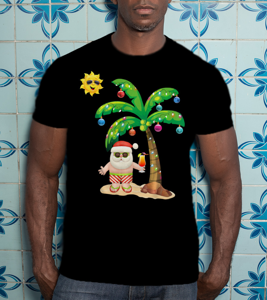 July Christmas Palm Tree Santa With Sunglasses And Cocktail T-Shirt