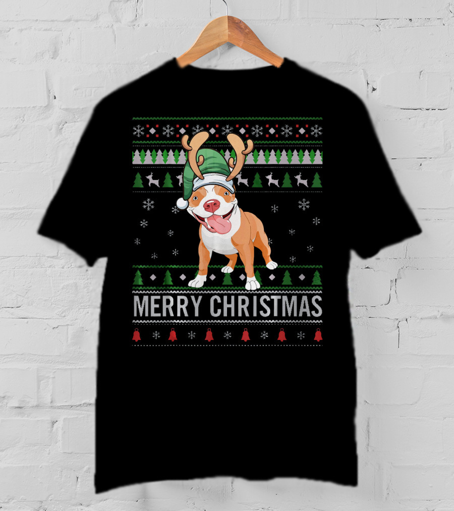 Merry Christmas Pitbull Dog Reindeer Antlers Festive T-Shirt