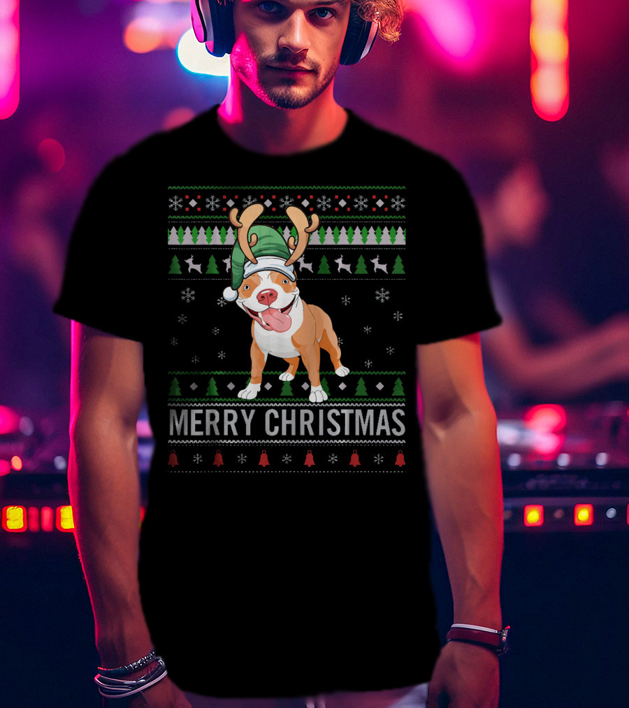 Merry Christmas Pitbull Dog Reindeer Antlers Festive T-Shirt