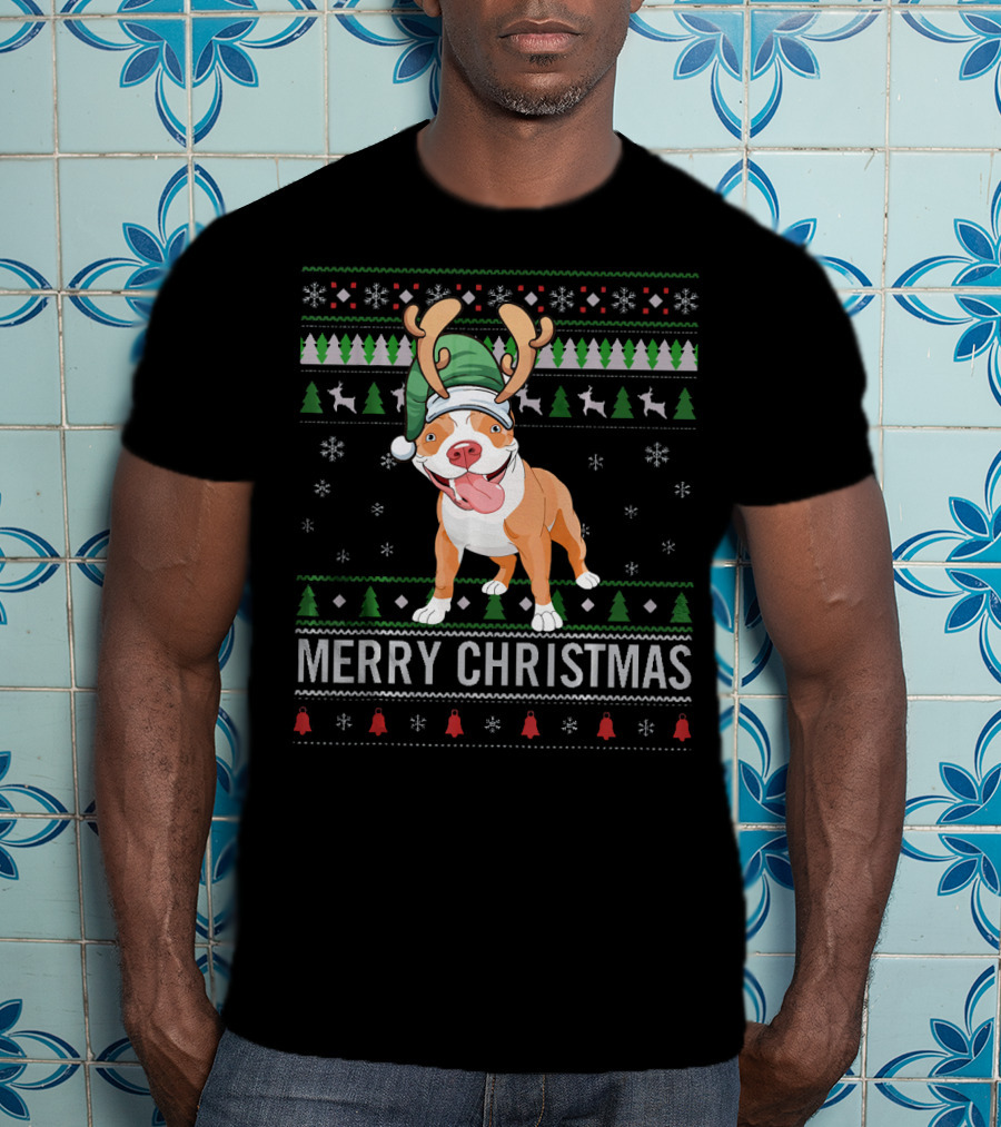 Merry Christmas Pitbull Dog Reindeer Antlers Festive T-Shirt
