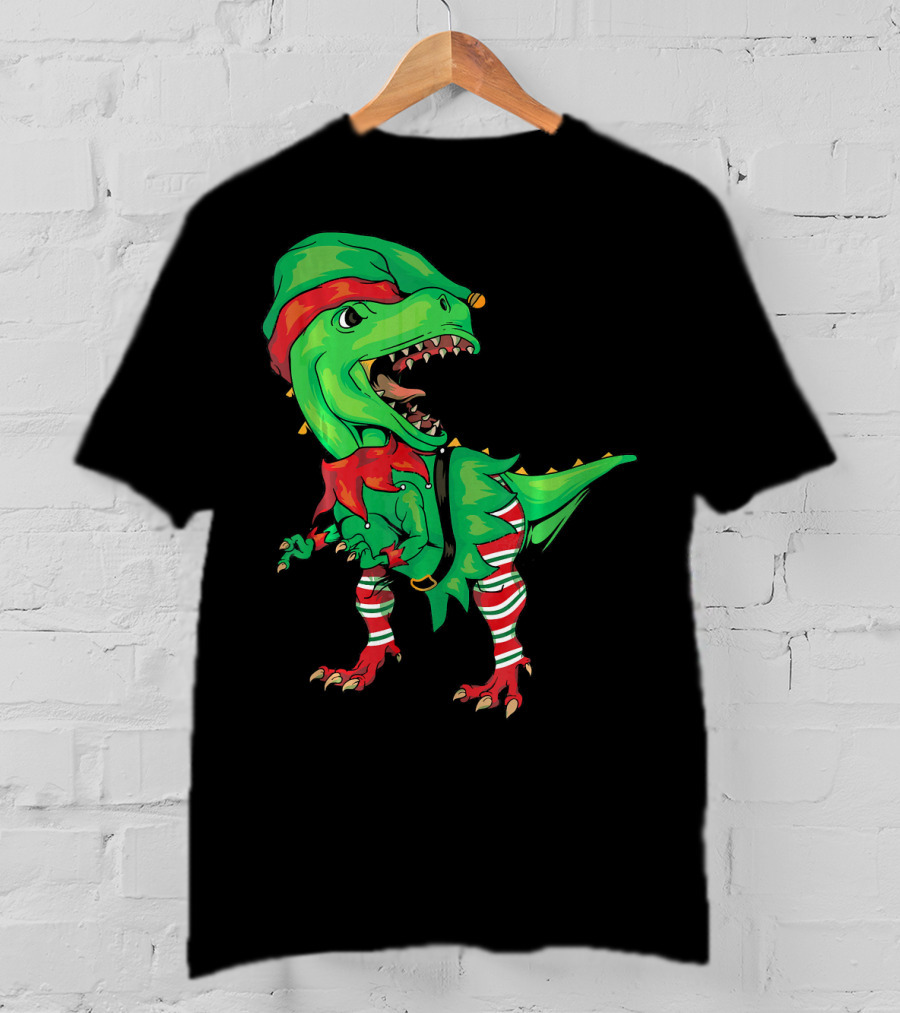 Christmas Dinosaur In Elf Costume T-Shirt